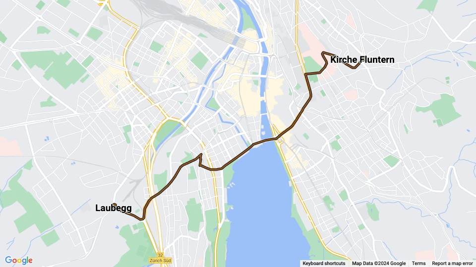 Zürich Straßenbahnlinie 5: Kirche Fluntern - Laubegg Linienkarte