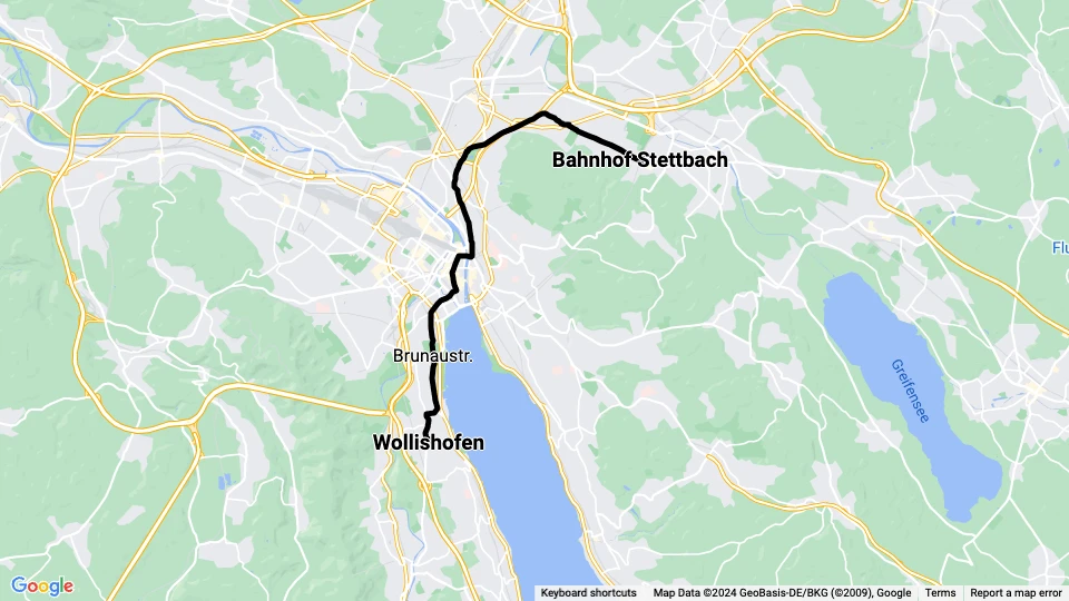 Zürich Straßenbahnlinie 7: Bahnhof Stettbach - Wollishofen Linienkarte