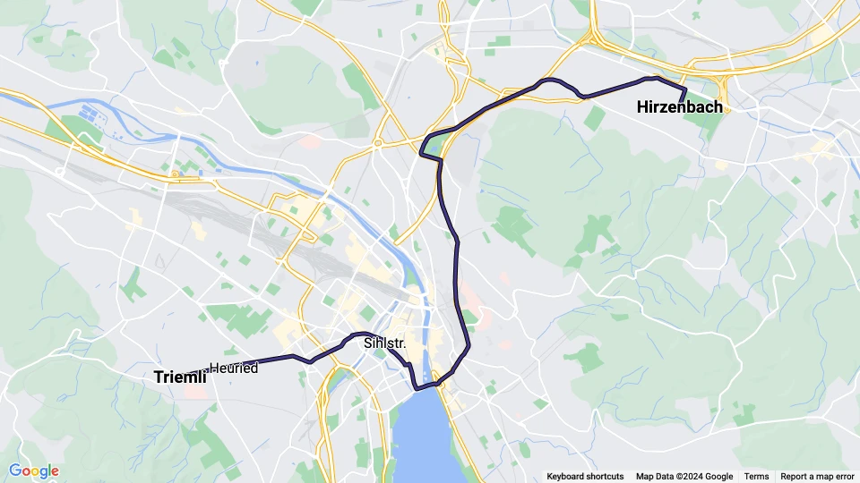 Zürich Straßenbahnlinie 9: Hirzenbach - Triemli Linienkarte