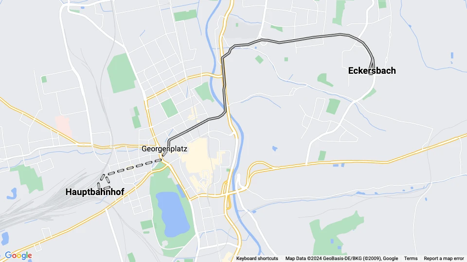 Zwickau Straßenbahnlinie 1: Hauptbahnhof - Eckersbach Linienkarte