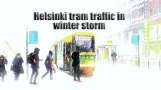 Helsinki tram traffic in winter storm